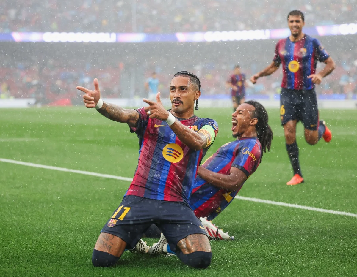 Raphinha celebrates a goal for Barcelona